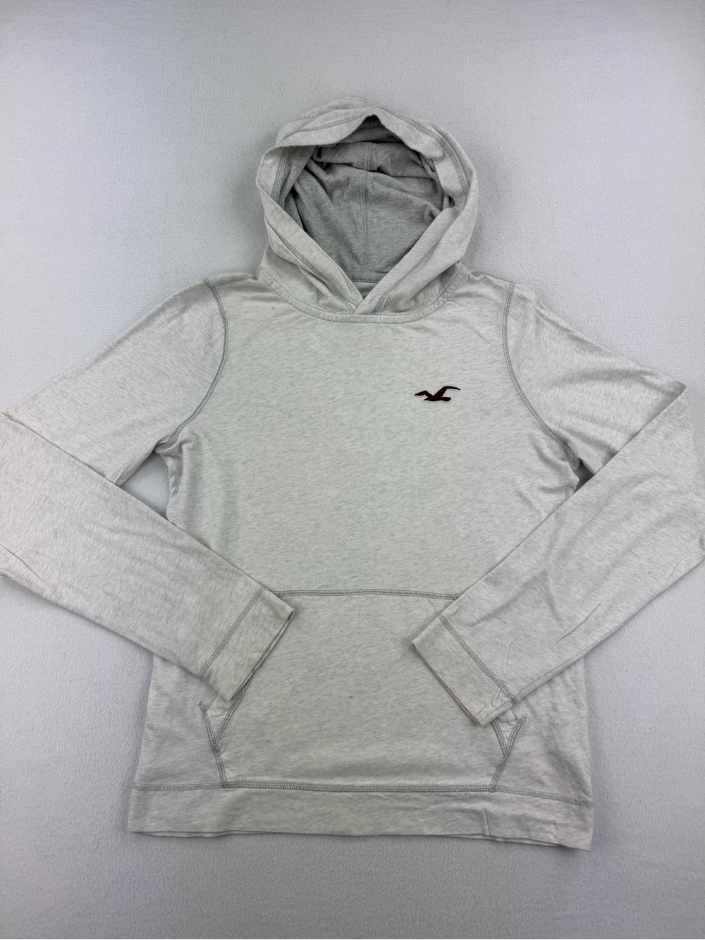 Hollister Co Men’s Long Sleeve Hooded Shirt Oatmeal White Kangaroo Pocket Size L